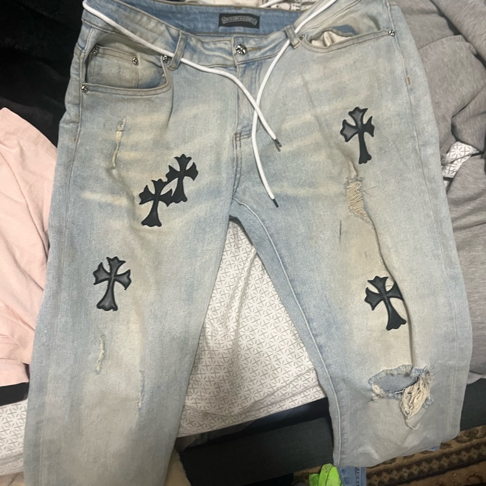 Chrome Hearts Light Blue Cargo Pants with Black Cross Accents